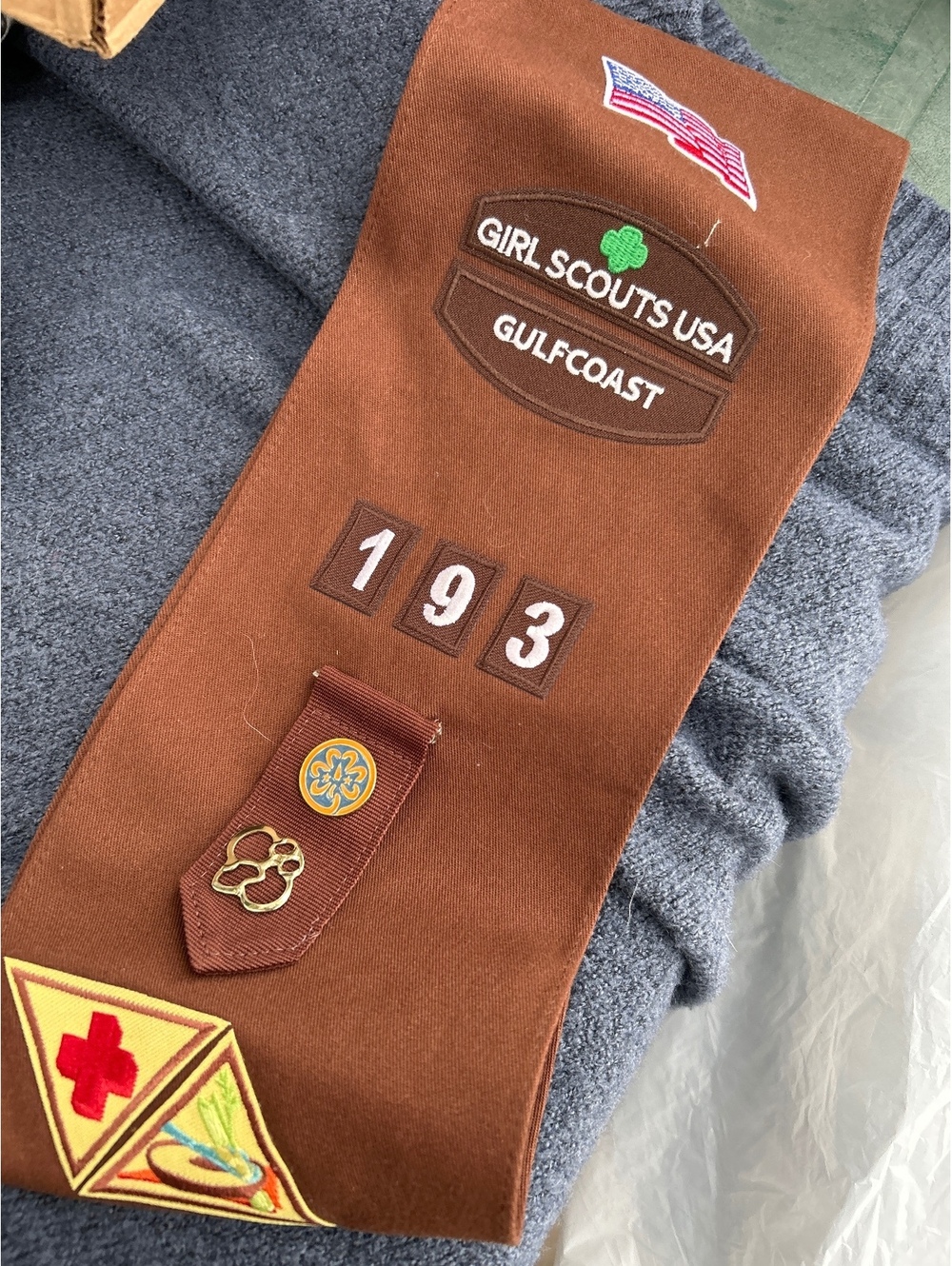 Girl Scouts USA Gulfcoast Brown Sash with Patches and Pins
